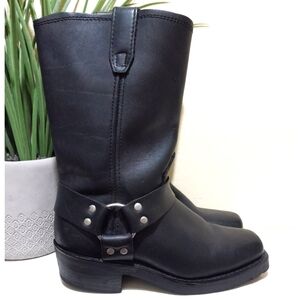 women's black leather calf height harness square toe biker style Dingo boots 8M